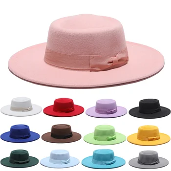  2021 зимни филц шапки за жени, модни плоски Вълнен Филц Шапки с широка Периферия, Джаз Филц Шапки за мъже, готическата плоска капачка с лък