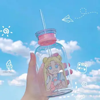  450 мл Сладък Sailor Moon Стъклена Бутилка За Вода Калъф С Шнорхел Содовые Напитки, Бутилка За Вода Прозрачен Сок, Чаша За Вода Trinkflasche