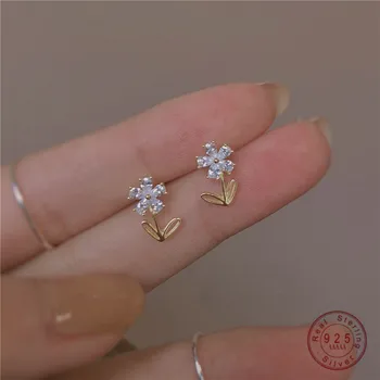  925 Сребро Корейски Прост Кристал Цвете Покритие 14 До Златни Обеци-Карамфил Дамска Мода Класически Сватбен Подарък Бижута