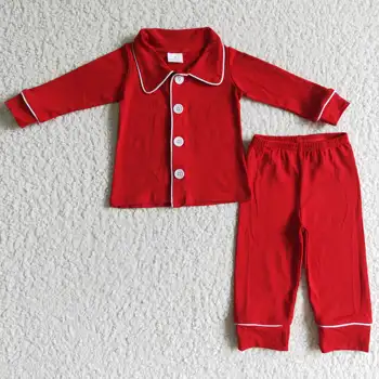  BLP0036 комплект пижам от червен памук с дълги ръкави за момчета, детски отложной бял топ копчета и панталони с еластичен ластик на талията