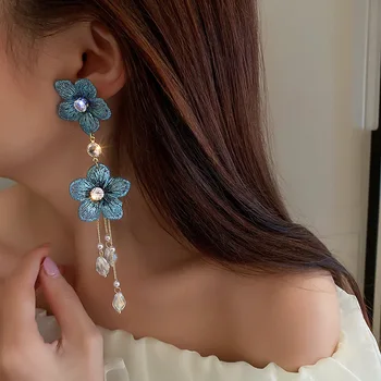  Exknl Crystal Пискюл Синьо Цвете Висящи Обеци за Жени Мода Ресни Големи Дълги Чешки Корейски Обеци Бижута и Аксесоари