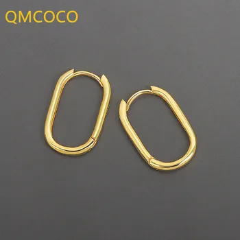  QMCOCO Креативен Дизайн Цвят Сребро В Стил Пънк INS Геометричен Овалния Кръг Отворени Регулируеми Обеци За Жени, Бижута, Подаръци