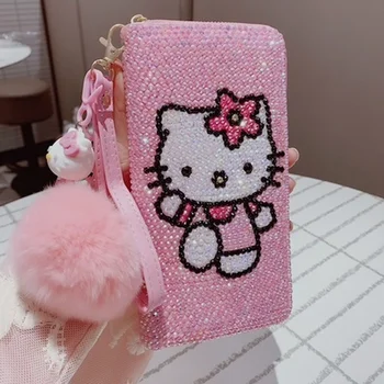  Sanrio Hello Kitty Чантата За Момичета Карикатура Kt Cat Bling Диамант Личност Чанта-Папка За Пари Прекрасна Ярка Женствена Чанта От Изкуствена Кожа Подаръци