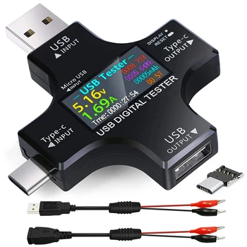  USB C Тестер, 2 в 1 Тип C USB Тестер Цветен Екран IPS Цифров Мултицет, Напрежение, Ток, Мощност, Съпротивление и Температура, с Клипс