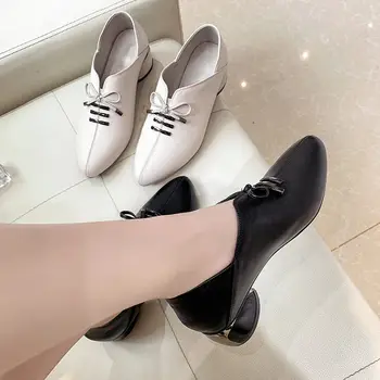  Дамски Ежедневни Обувки за Момичета в Средния Ток, Корейски Стил, Блочный Ток, Без Шнур, Обувки за Офис, Дамски Обувки от Микрофибър