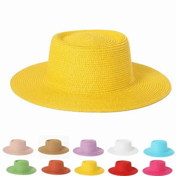  Дамски Летни Жълта Сламена Шапка С Широка Периферия, Фетровая шапка, Солнцезащитная Плажна шапка, Шапка с плосък покрив, шапка с плоска периферия, шапка на открито