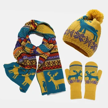  Коледен нов лосове жаккардовая вълнена шапка шал и ръкавици есенно-зимния женски топъл комплект от три елемента