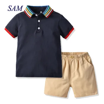  летни комплекти дрехи за малки момчета 2020 година, блузи с къс ръкав и яка на врата-папийонка + шорти, дрехи от 2 теми за деца, модерен детски костюм