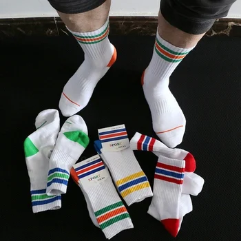  Мъжки чорапи-тръба с кърпа, тери, в най-дебелата ивица, спортни памучни, абсорбиращи потта, модерни бели чорапи, модни универсални