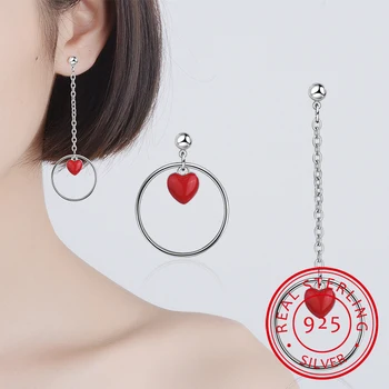  Нова Мода 925 сребърни обеци с Пискюли под формата На игла За Жени, Асиметрични Обеци С Червено Сърце, Кръгли Обеци oorbellen S-E495