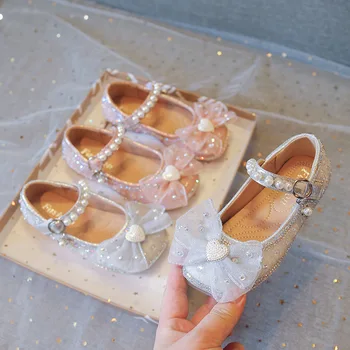  Розови Сребърни Обувки с Декорация Във формата на Кристали, Блестящи обувки на Принцесата с Лък За Момичета, За Сватбени Партита, Танци, Модерни Обувки За Момичета, Кожени Обувки