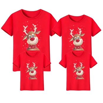  Тениска С Коледа, е един и същ Дрехи За цялото семейство, Тениска за майките и Децата, Баща, син и Дъщеря, Блузи с Къс Ръкав и Принтом Коледен Елен