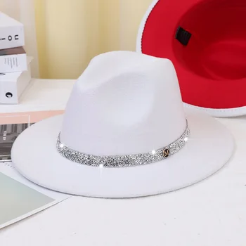  фетровая шапка с диамантена лента за жени, джаз шапка Унисекс, фетровая шапка, джаз шапка, църковни бижута, дамски фетровая шапка, филц шапки с червен дъното